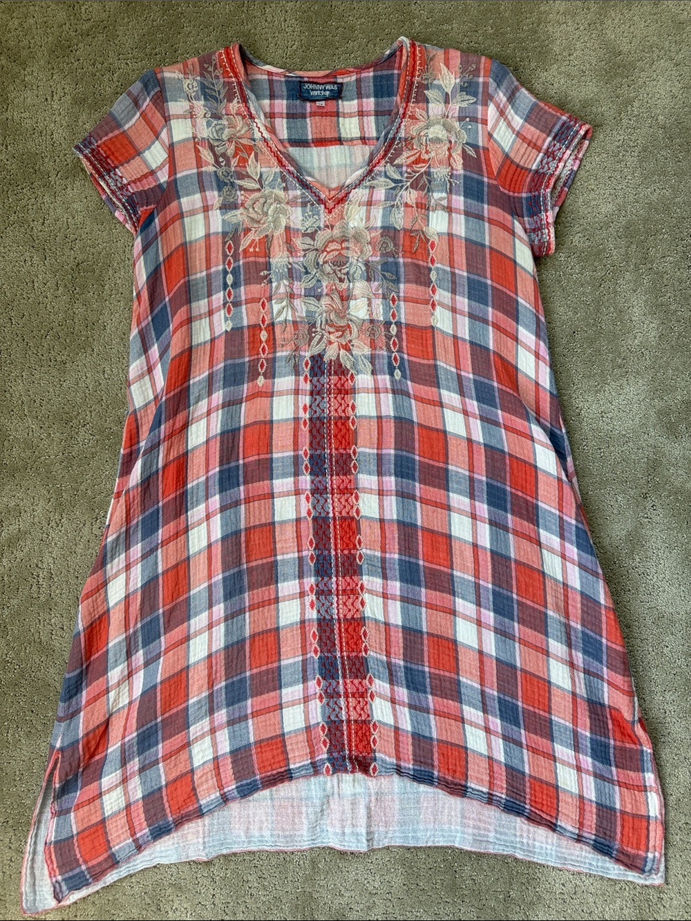 Johnny Was Boho Cottagecore Plaid Embroidered Cotton Gauze Dress